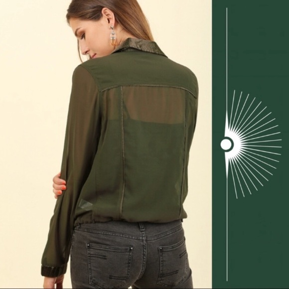 Umgee Sheer Satin Bomber Asymmetrical Zip Jacket Dark Olive Army Green Small - Picture 2 of 9